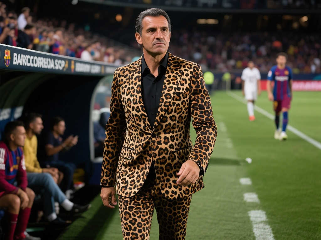 球场时尚风!解放者杯赛场,巴塞罗那SC主帅豹纹西装惊艳亮相 球场时尚风!解放者杯赛场,巴塞罗那SC主帅豹纹西装惊艳亮相